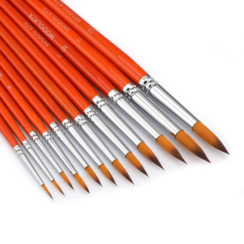 MODOLATA Watercolor Paint Brushes Set - 12Pcs Round Pointed Painting Brush for Acrylic, Gouache, Oil, Artist, Miniature, Model - Short Handle - Image 1
